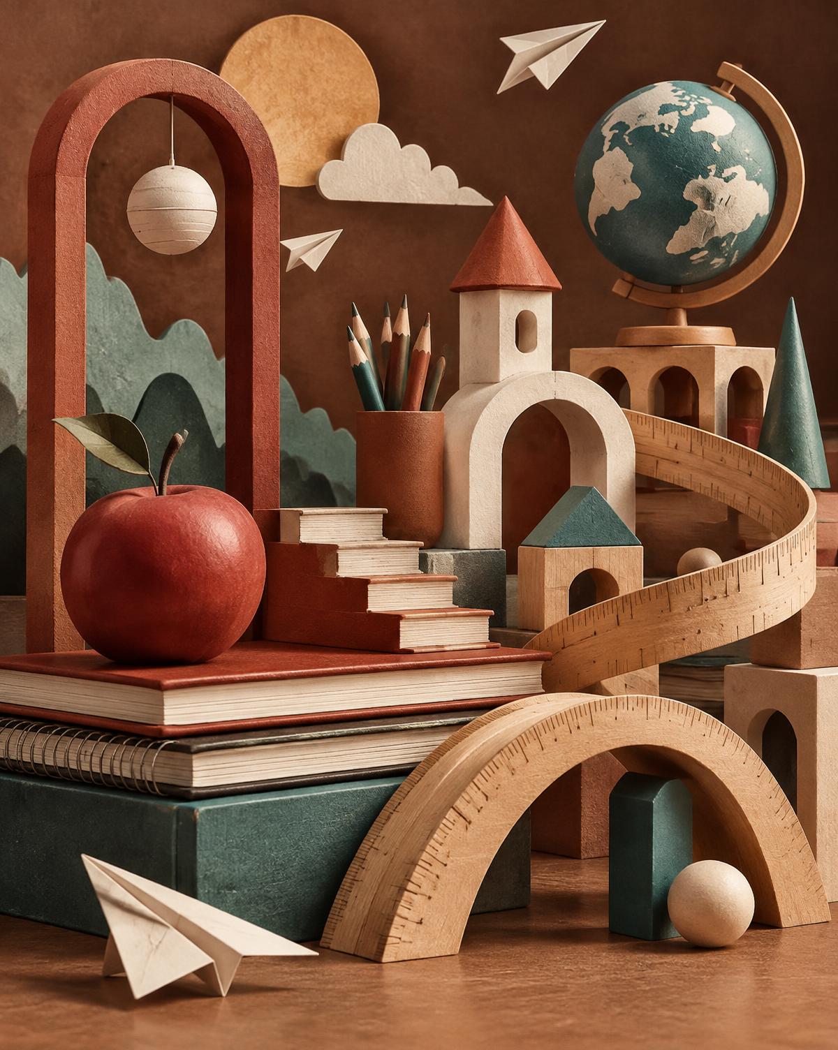 Speels kunstwerk met boeken, potloden, wereldbol en meetlatten